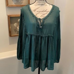 NWOT Haute Hippie boho emerald green blouse sz 1X